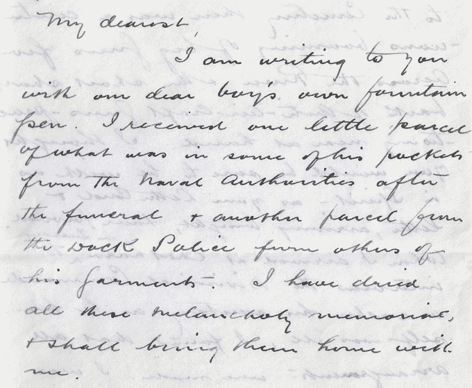 Extract from the letter written by John Douglas Hume's father to his wife about their son's burial, the procession and full honours given by the Navy. National Records of Scotland reference: GD486/150